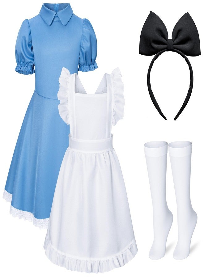 Irtysh Girl Blue Dress White Apron Halloween Cosplay Costume With Bow Hair Band Stockings Set(150) - Image 2